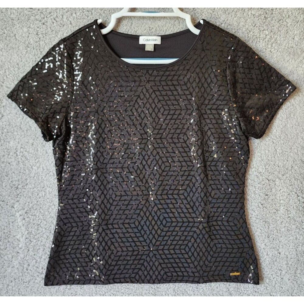Calvin Klein Women's Short Sleeve Blouse Top Black Geometric Sequins Size Medium